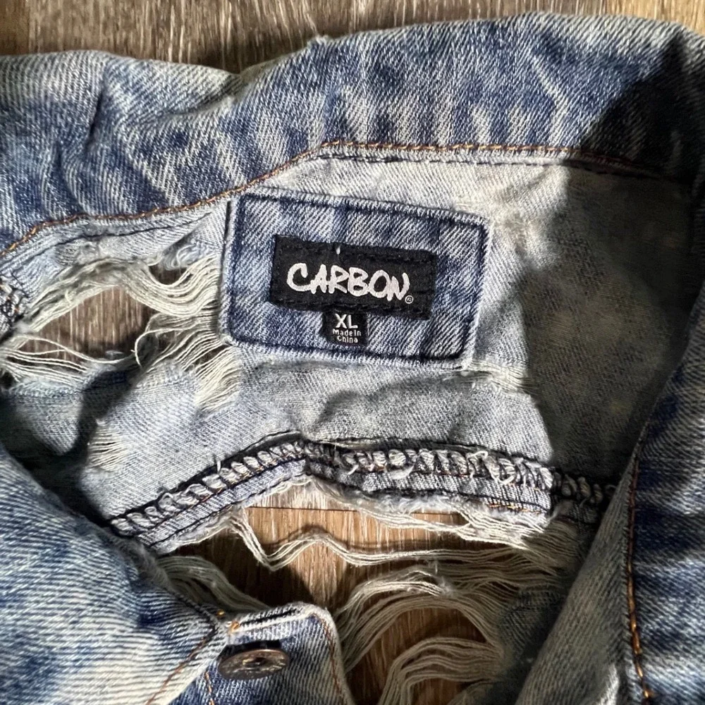 Carbon Denim Vest Mens XL Blue Acid Wash Distressed Shredded Trucker Jacket